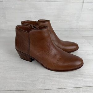 Sam Edelman Women 7 Petty Boots Brown Leather Bootie Block Low Heel Side Zip